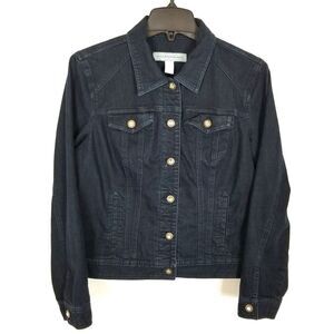 Chico's Platinum Women Denim Jacket Size M Navy Rhinestone Button Stretch Casual